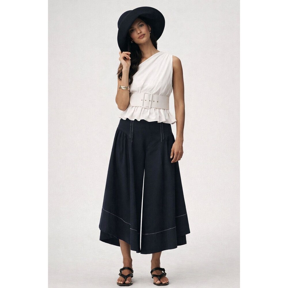 ANTHROPOLOGIE New Wide Leg Pants Navy 8 Tall Linen 19-3923 High Waist Crop Flowy